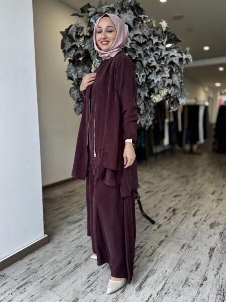 Misswhence 3 lü Cupra İpek Ceket Tunik Pantolon Takım 37205 BORDO - 36