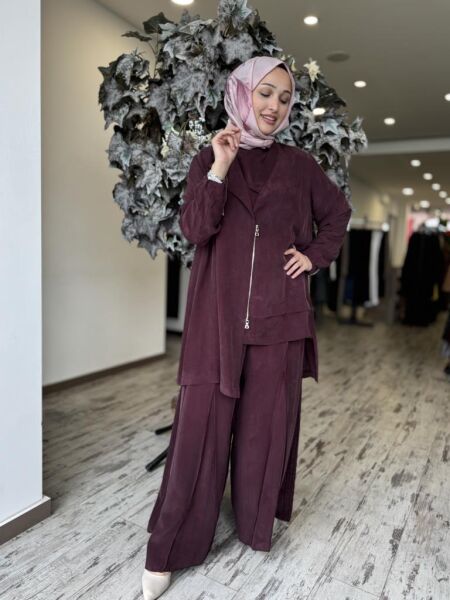 Misswhence 3 lü Cupra İpek Ceket Tunik Pantolon Takım 37205 BORDO - 36