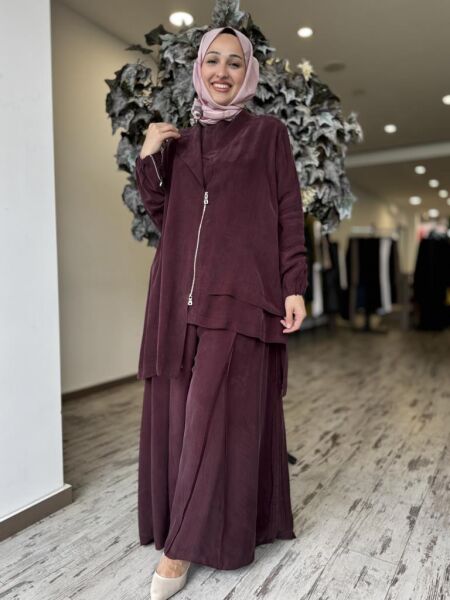 Misswhence 3 lü Cupra İpek Ceket Tunik Pantolon Takım 37205 BORDO - 36