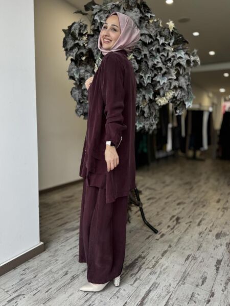 Misswhence 3 lü Cupra İpek Ceket Tunik Pantolon Takım 37205 BORDO - 36