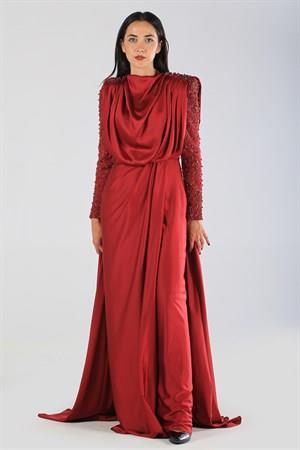 Kenzel Kolu Taşlı Bordo Tesettür Abiye Elbise (KENZEL-1104)