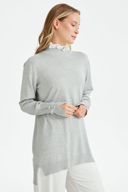 Tığ Triko Yakası Fırfır Detaylı Tunik TNK21486 GRİ - 2