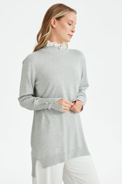 Tığ Triko Yakası Fırfır Detaylı Tunik TNK21486 GRİ - 2