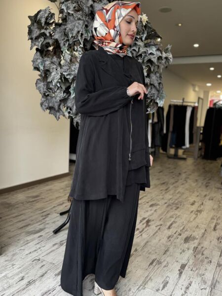 Misswhence 3 lü Cupra İpek Ceket Tunik Pantolon Takım 37205 SİYAH - 38