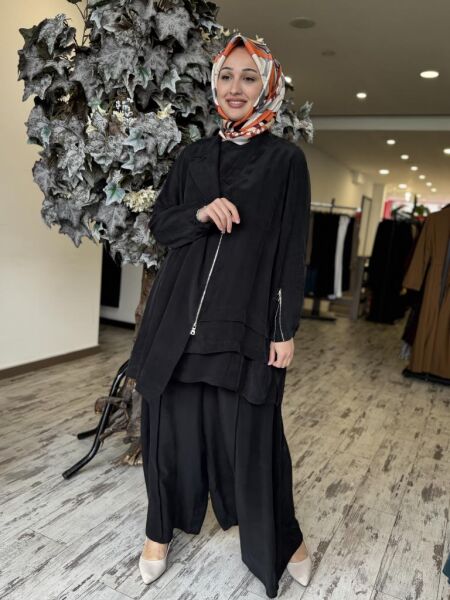 Misswhence 3 lü Cupra İpek Ceket Tunik Pantolon Takım 37205 SİYAH - 38