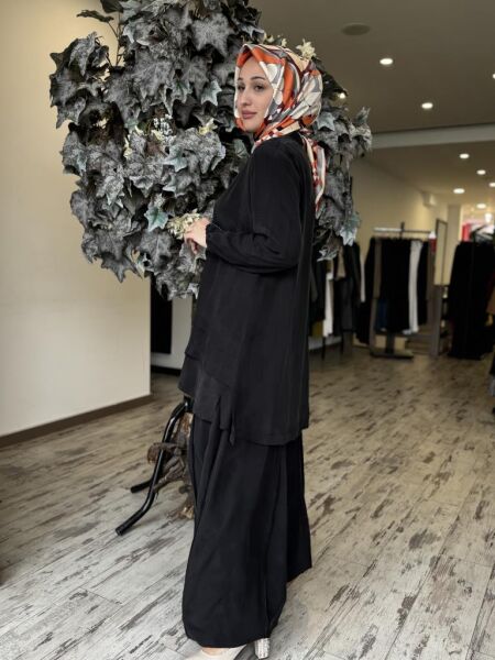 Misswhence 3 lü Cupra İpek Ceket Tunik Pantolon Takım 37205 SİYAH - 38