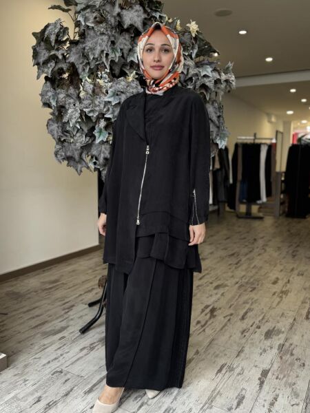 Misswhence 3 lü Cupra İpek Ceket Tunik Pantolon Takım 37205 SİYAH - 38