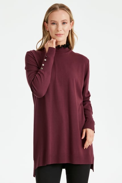 Tığ Triko Yakası Fırfır Detaylı Tunik TNK21486 VİŞNE - 2