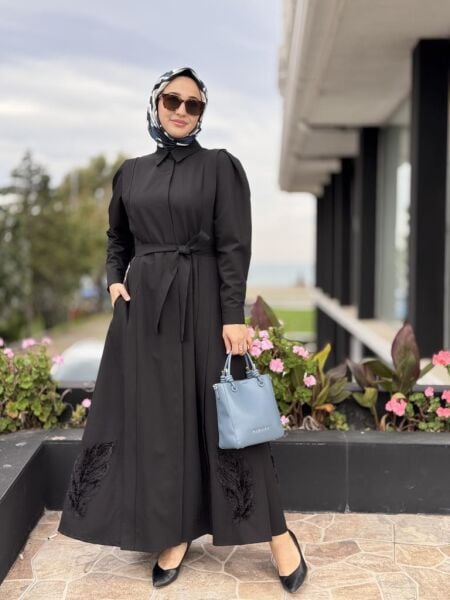 Qupra Etek Ucu Nakış İşlemeli Omuz Detaylı ElbiseWAC95003