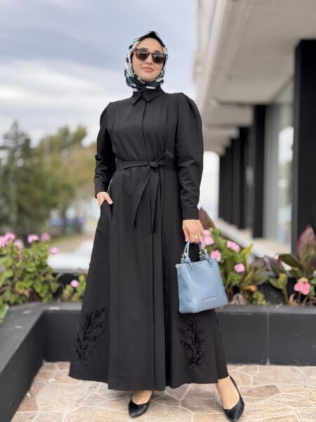 Qupra Etek Ucu Nakış İşlemeli Omuz Detaylı ElbiseWAC95003