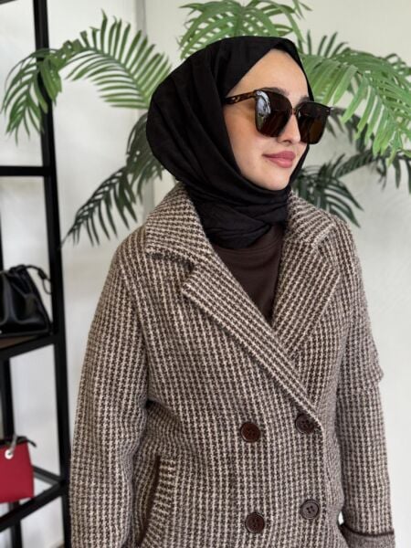 Tığ Triko Kazayağı Desenli Mink Kaban KBN17137