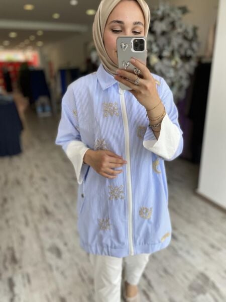 Ghisa Boncuk İşlemeli Çizgili Fermuarlı Kap G4854