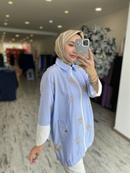 Ghisa Boncuk İşlemeli Çizgili Fermuarlı Kap G4854