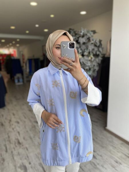 Ghisa Boncuk İşlemeli Çizgili Fermuarlı Kap G4854