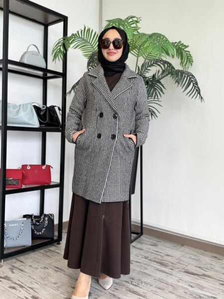 Tığ Triko Kazayağı Desenli Mink Kaban KBN17137 SİYAH - 2