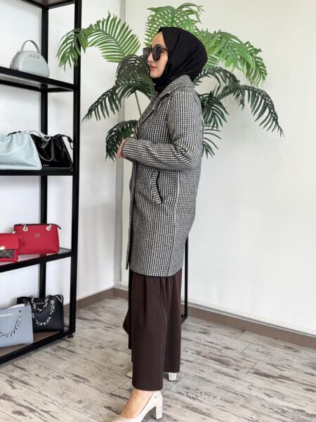 Tığ Triko Kazayağı Desenli Mink Kaban KBN17137 SİYAH - 2