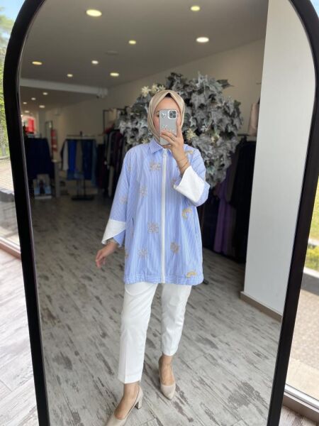 Ghisa Boncuk İşlemeli Çizgili Fermuarlı Kap G4854 MAVİ - 2