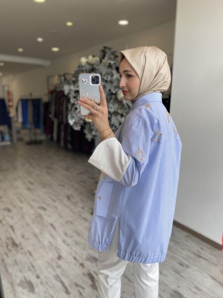 Ghisa Boncuk İşlemeli Çizgili Fermuarlı Kap G4854 MAVİ - 2