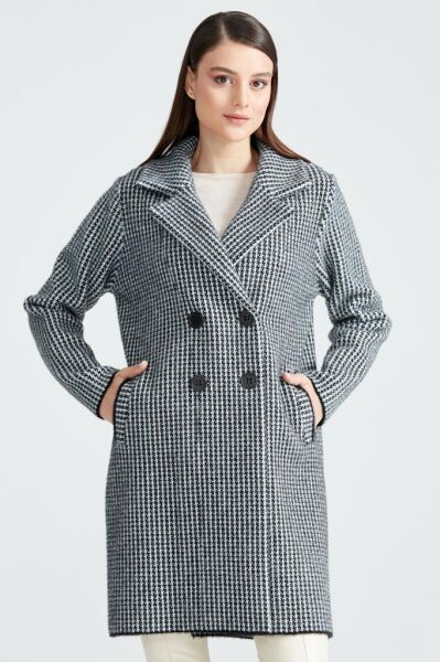 Tığ Triko Kazayağı Desenli Mink Kaban KBN17137 SİYAH - 3