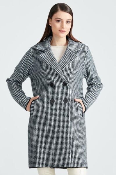 Tığ Triko Kazayağı Desenli Mink Kaban KBN17137 SİYAH - 3