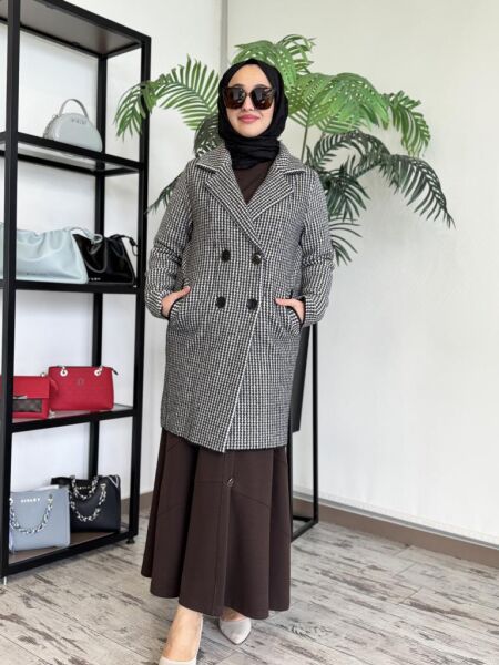 Tığ Triko Kazayağı Desenli Mink Kaban KBN17137 SİYAH - 3