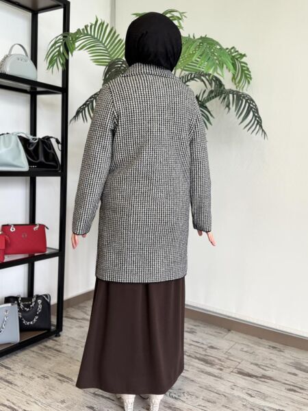 Tığ Triko Kazayağı Desenli Mink Kaban KBN17137 SİYAH - 3