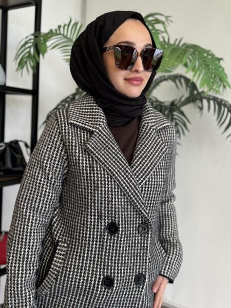 Tığ Triko Kazayağı Desenli Mink Kaban KBN17137 SİYAH - 3