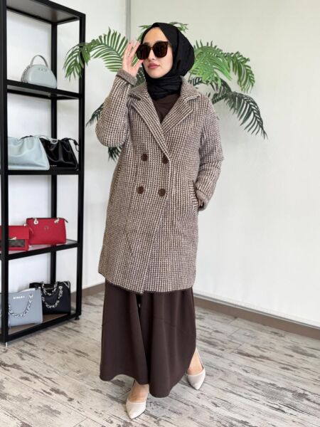 Tığ Triko Kazayağı Desenli Mink Kaban KBN17137 KAHVE - 1