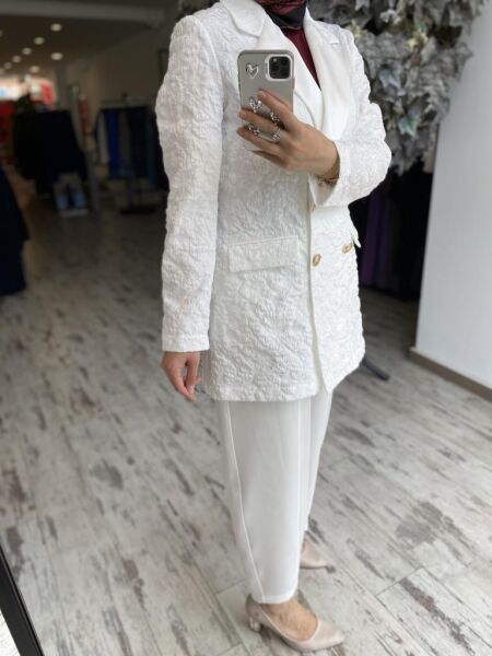 Ghisa Kruvaze Brokar Ceket Saten Pantolon Takım 3110 BEYAZ - 1