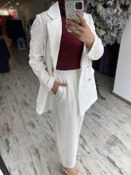 Ghisa Kruvaze Brokar Ceket Saten Pantolon Takım 3110 BEYAZ - 1