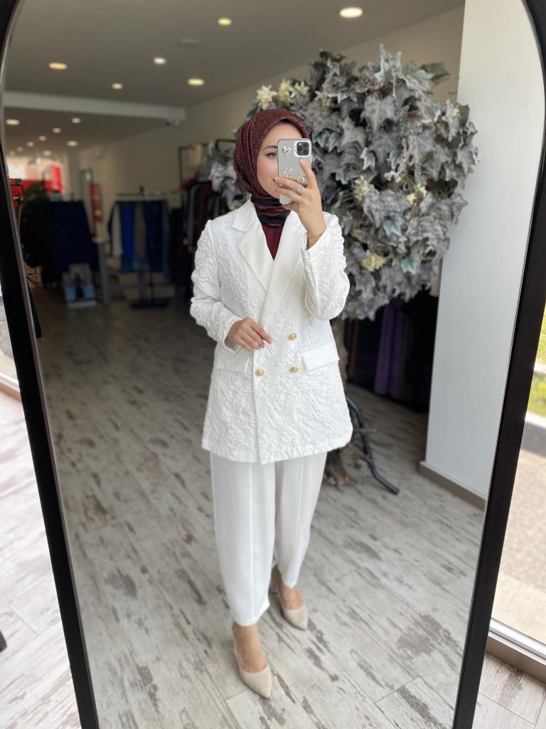 Ghisa Kruvaze Brokar Ceket Saten Pantolon Takım 3110 BEYAZ - 1