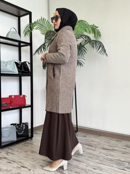 Tığ Triko Kazayağı Desenli Mink Kaban KBN17137 KAHVE - 2