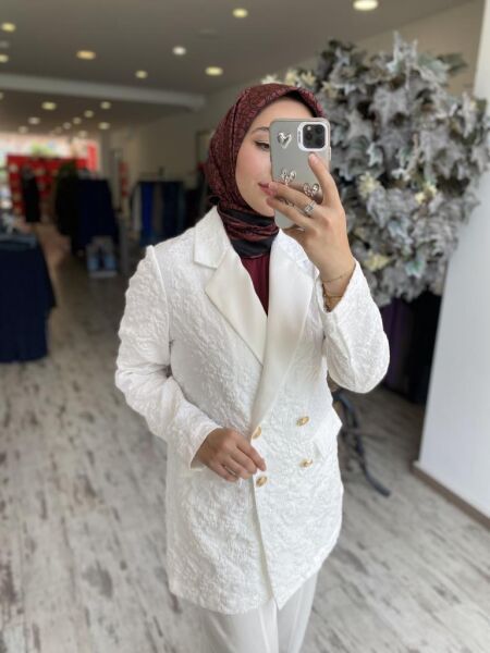 Ghisa Kruvaze Brokar Ceket Saten Pantolon Takım 3110 BEYAZ - 2