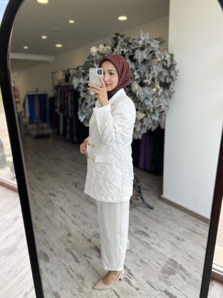 Ghisa Kruvaze Brokar Ceket Saten Pantolon Takım 3110 BEYAZ - 2