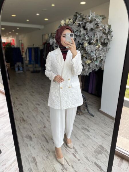 Ghisa Kruvaze Brokar Ceket Saten Pantolon Takım 3110 BEYAZ - 2