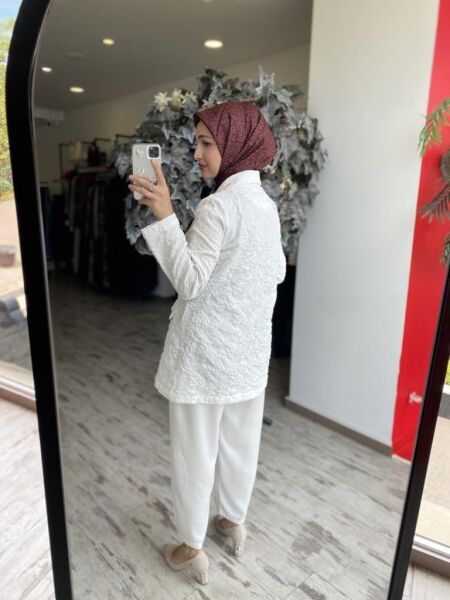 Ghisa Kruvaze Brokar Ceket Saten Pantolon Takım 3110 BEYAZ - 2