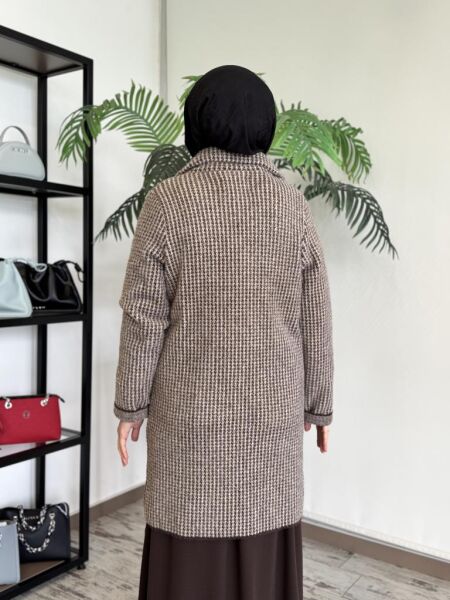 Tığ Triko Kazayağı Desenli Mink Kaban KBN17137 KAHVE - 3