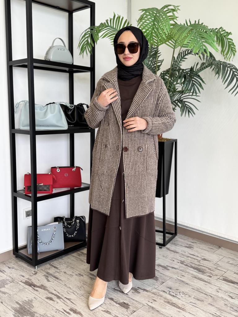 Tığ Triko Kazayağı Desenli Mink Kaban KBN17137 KAHVE - 3