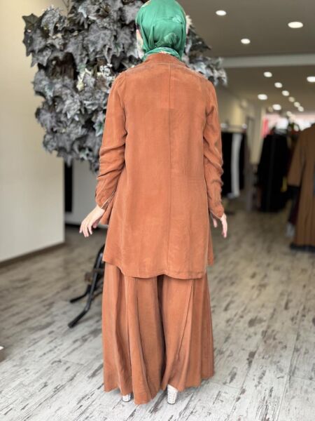 Misswhence 3 lü Cupra İpek Ceket Tunik Pantolon Takım 37205 KİREMİT - 42