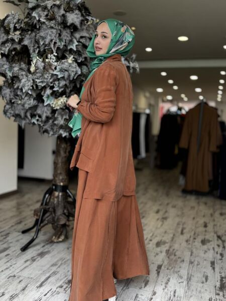 Misswhence 3 lü Cupra İpek Ceket Tunik Pantolon Takım 37205 KİREMİT - 42