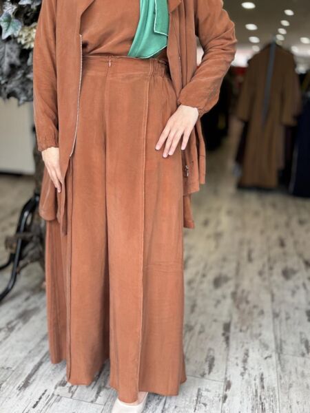 Misswhence 3 lü Cupra İpek Ceket Tunik Pantolon Takım 37205 KİREMİT - 42