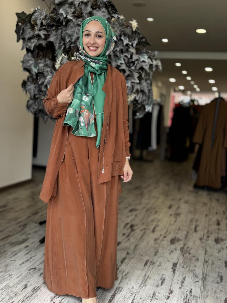 Misswhence 3 lü Cupra İpek Ceket Tunik Pantolon Takım 37205 KİREMİT - 42