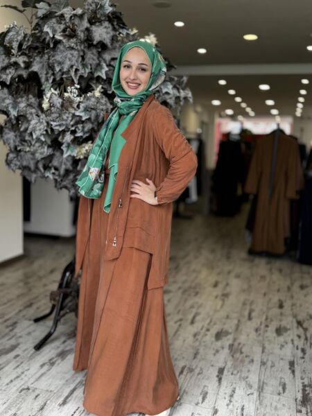 Misswhence 3 lü Cupra İpek Ceket Tunik Pantolon Takım 37205 KİREMİT - 42