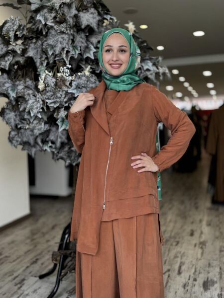 Misswhence 3 lü Cupra İpek Ceket Tunik Pantolon Takım 37205 KİREMİT - 42