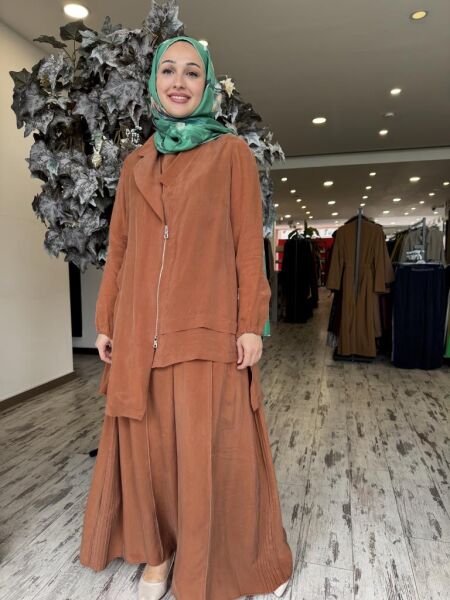 Misswhence 3 lü Cupra İpek Ceket Tunik Pantolon Takım 37205 KİREMİT - 42