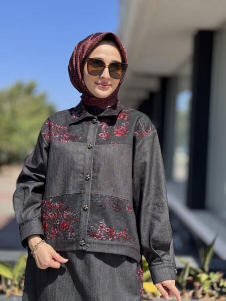 Ghisa Nakışlı Kot Ceket Etek Takım 3208