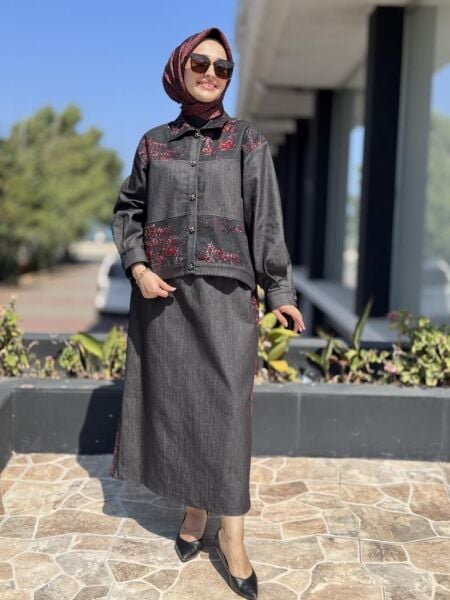 Ghisa Nakışlı Kot Ceket Etek Takım 3208