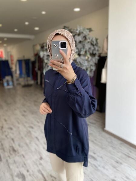 Tığ Triko Gizli Patlı Nervürlü Boncuk İşlemeli Gömlek GML3079 BEJ - 3