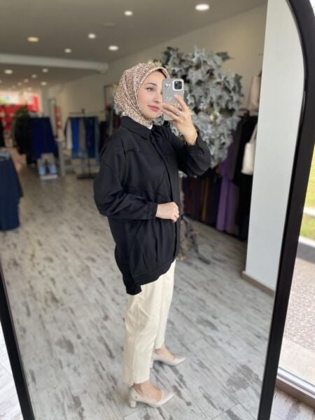 Tığ Triko Gizli Patlı Nervürlü Boncuk İşlemeli Gömlek GML3079 BEJ - 3