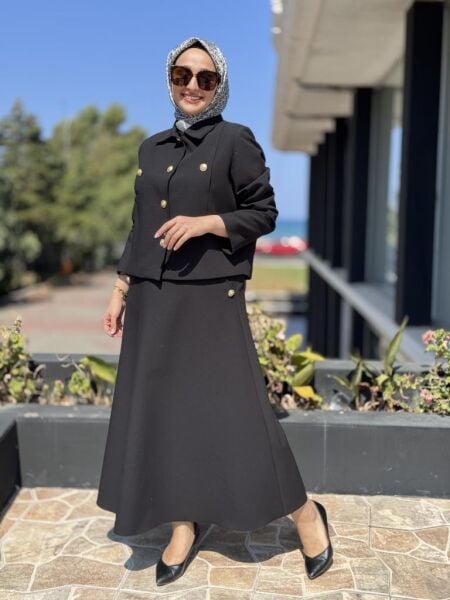 Ghisa Gold Düğme Detaylı Ceket Etek Takım 3240